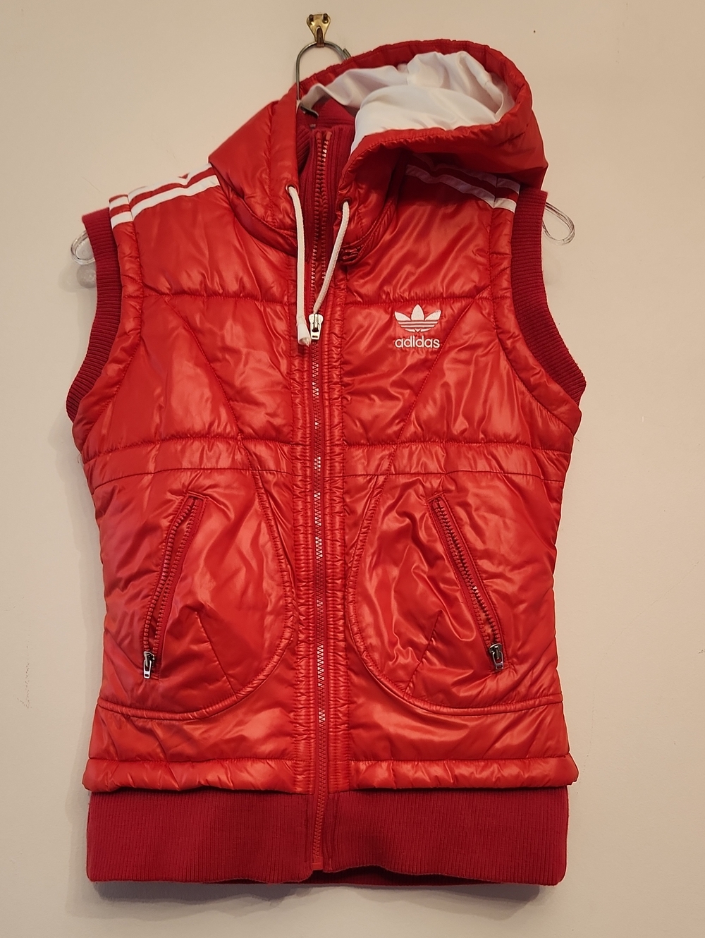 Vtg Adidas Originals Red Puffer Vest with Hood Size 38/S Women's